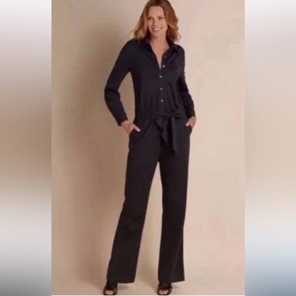 Soft Surroundings Black Button Down Ponte Jersey Weekend Jumpsuit Size S - Picture 1 of 16